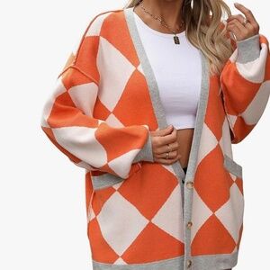 Women Oversized Sweater Diamond Checker Open Front Cardigan Loose Knitted Tops